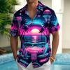 Men's Neon Beach Music Print Short Sleeve Shirt, Psychedelic Hawaiian Button Up Shirt for Spring & Summer