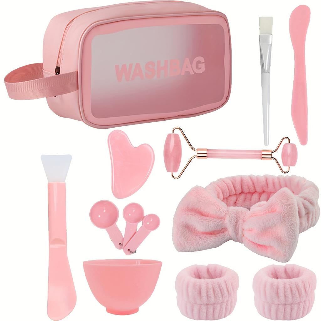 Косметический набор, набор туалетных принадлежностей, большой вместительный набор туалетных принадлежностей, ручной массажер для лица, фланелевая повязка на голову с бантом для ухода за кожей, в комплект входит полный набор для изготовления маски