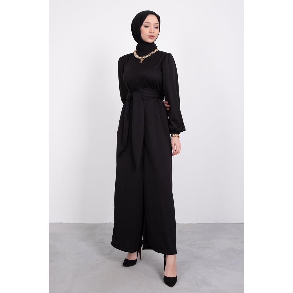 Wide Sash Wrapped Hijab Jumpsuit Black