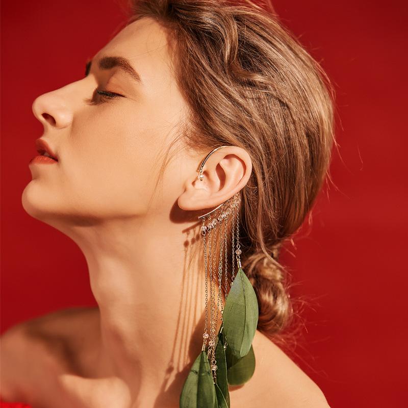 Long Feather Fringed Ear Hanging Femininity Personality Earless Earrings Retro Vacation Super Fairy Crystal Earrings
