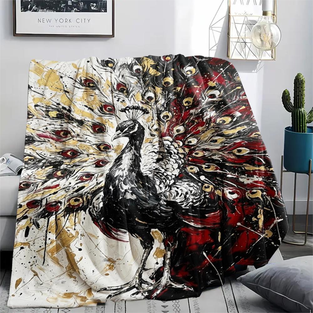 1Pc Peacock Print Flannel Blanket, High quality Comfortable for All Seasons, Home Decor, Warmth and Comfort, Perfect for Christmas Gifts W119