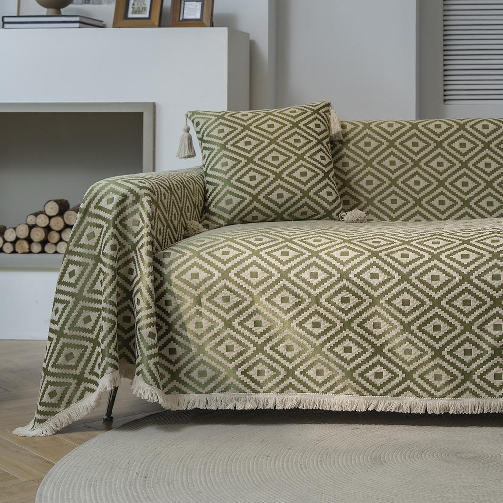 Sofa Towel Multifunctional Cover Green Geometric Jacquard Thick Retro Sofa Cover Blanket