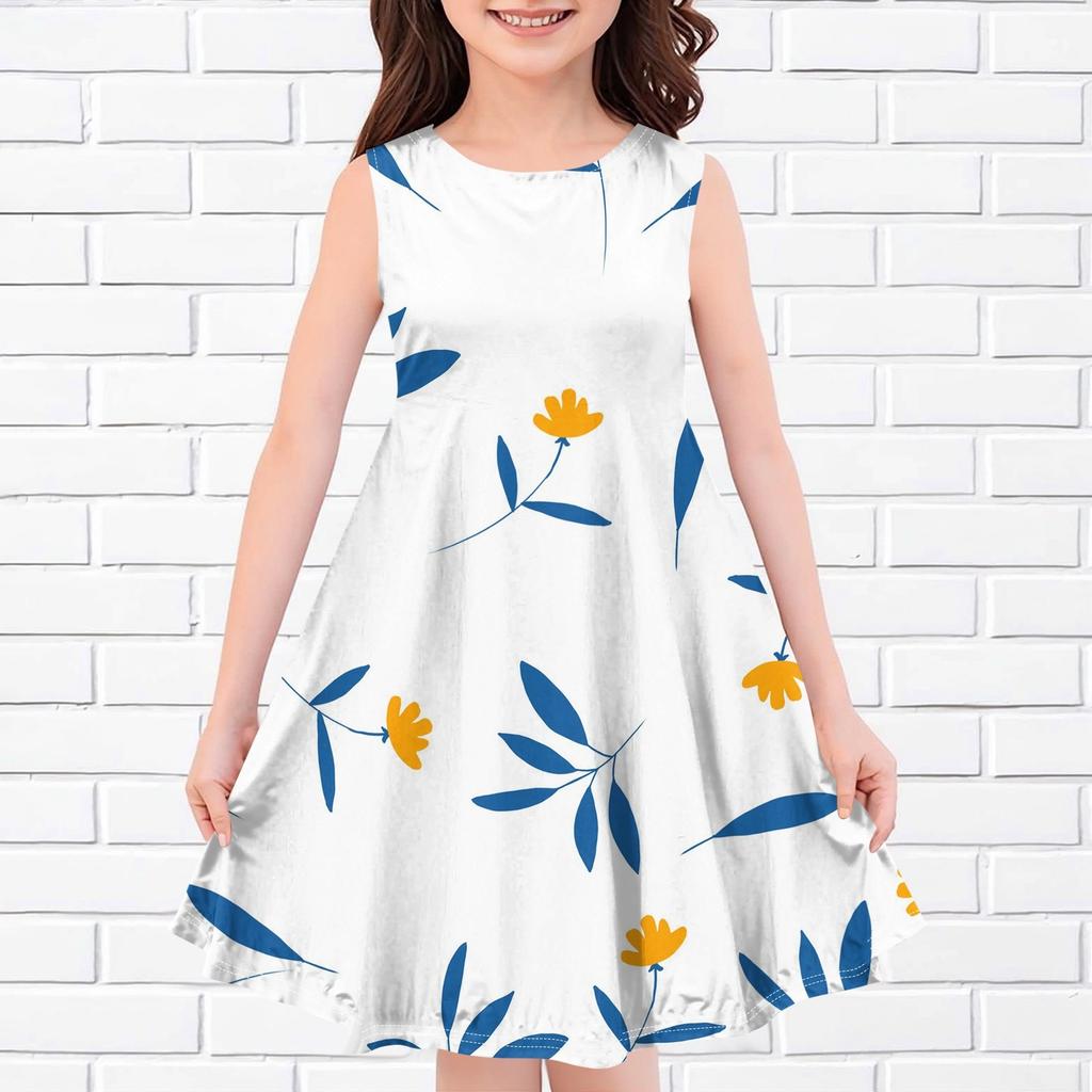Детское летнее повседневное модное платье без рукавов с круглым вырезом и принтом