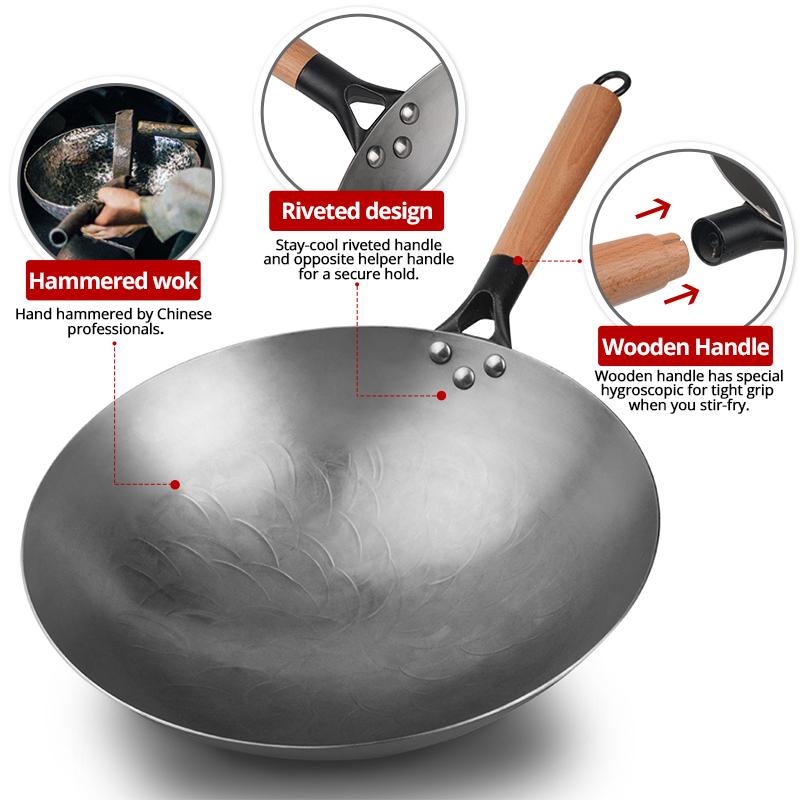 Fypo Handmade Chinese Cast Iron Wok Smokless Cookware Uncoated Iron Pot Frying Pan Antiprigar Kitchen Pot Skillet Wok