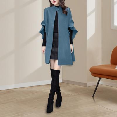 Женское зимнее пальто с рукавами-лепестками, воротником-стойкой, А-силуэтом, накидкой, открытым кроем, кардиган средней длины