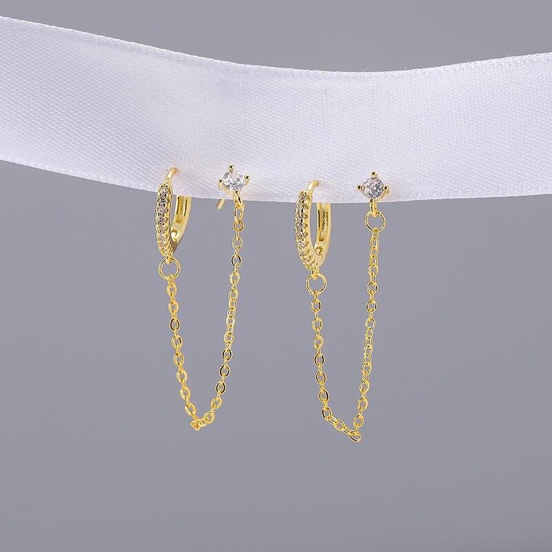 925 Sterling Silver Micro Zircon Double Pierced Hoop Earrings For Women Creative Chain Earrings Party Jewelry