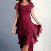 Women Elegant Dress O-Neck Beaded Decor Short Sleeve Midi Dress Layered Cake Hem Flowy Dress Party Wedding Guest Dress
