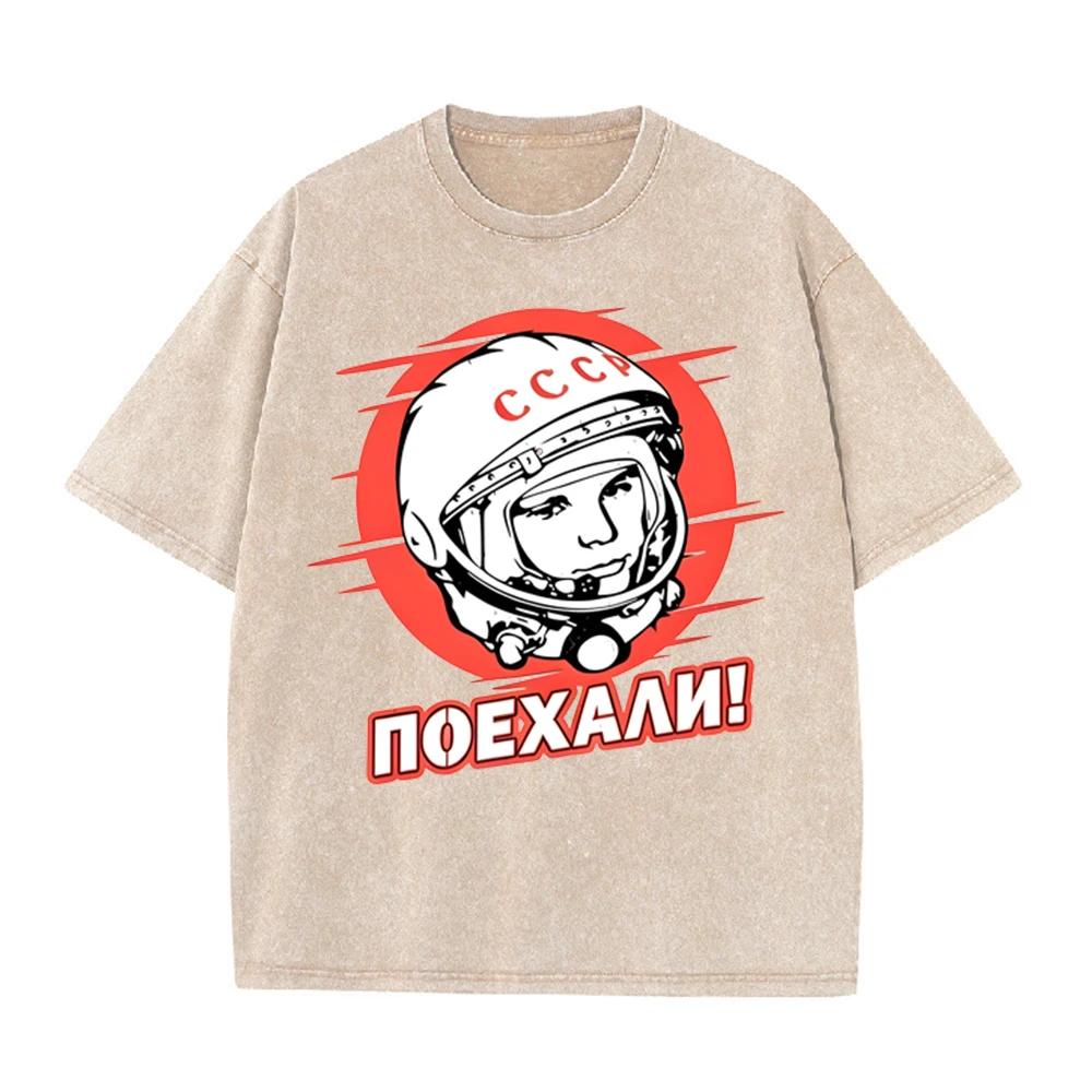 2026 Cccp Soviet Astronaut Gagarin Poekhali Vintage Retro Graphic Black Washed T Shirt Ussr Space History Casual Oversized Unise