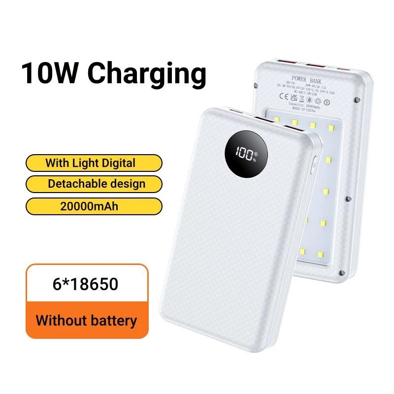 6*18650 внешний аккумуляторный бокс с двумя USB-портами типа C, зарядный чехол с фонарями для кемпинга, 20000 мАч, внешний аккумуляторный футляр для хранения и зарядки