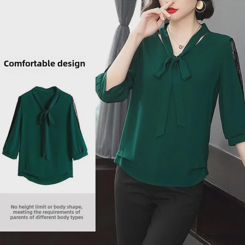 Шифоновый пуловер с V-образным вырезом: Стильная, сказочная рубашка со средним рукавом, бабочкой и кружевным подолом — свободный, прикрывающий живот фасон.