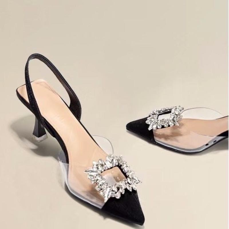 Women's Shoes 2024 High Quality Solid Color Baotou Women's Sandals Solid Color Rhinestone Pointed Toe Stiletto Women High Heels