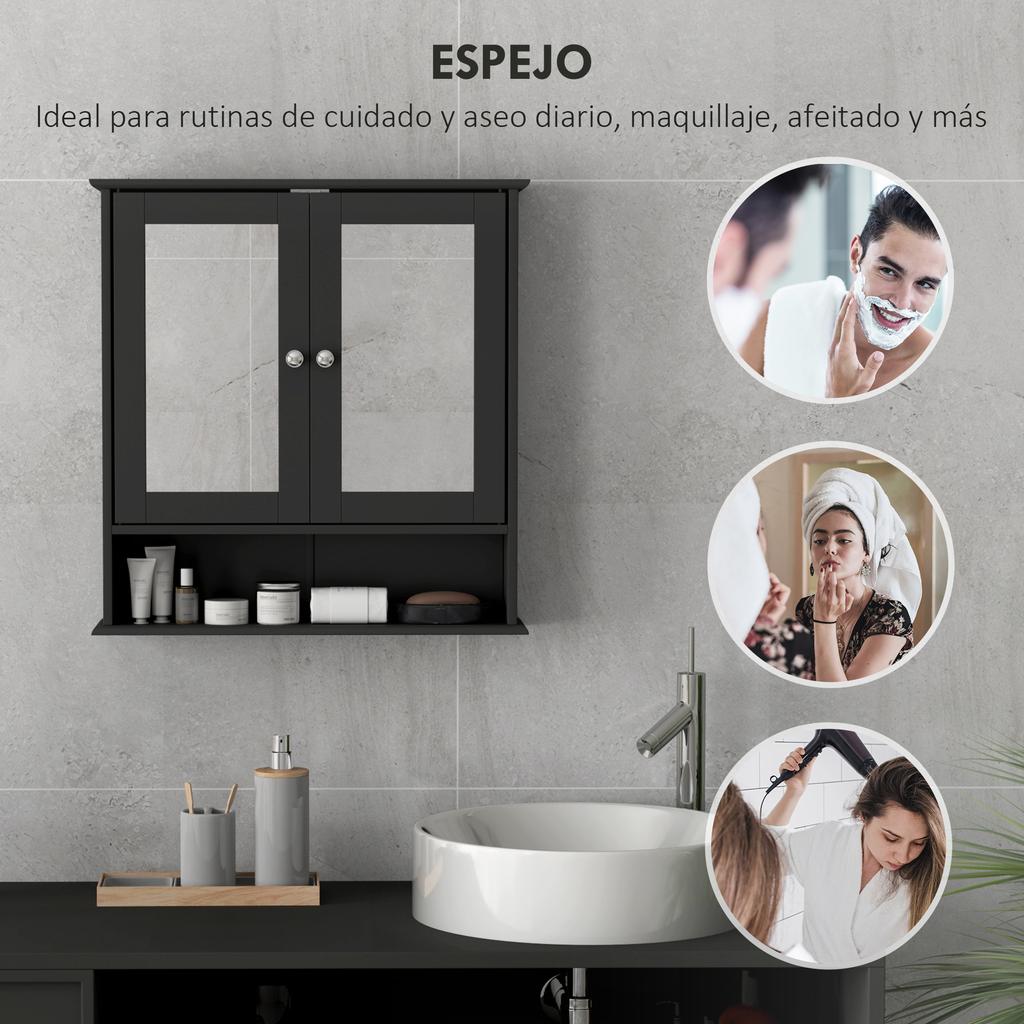 Bathroom Cabinet with Mirror Wall Cabinet with 2 Doors Open Shelf Adjustable Shelf 56x13x58 cm Black