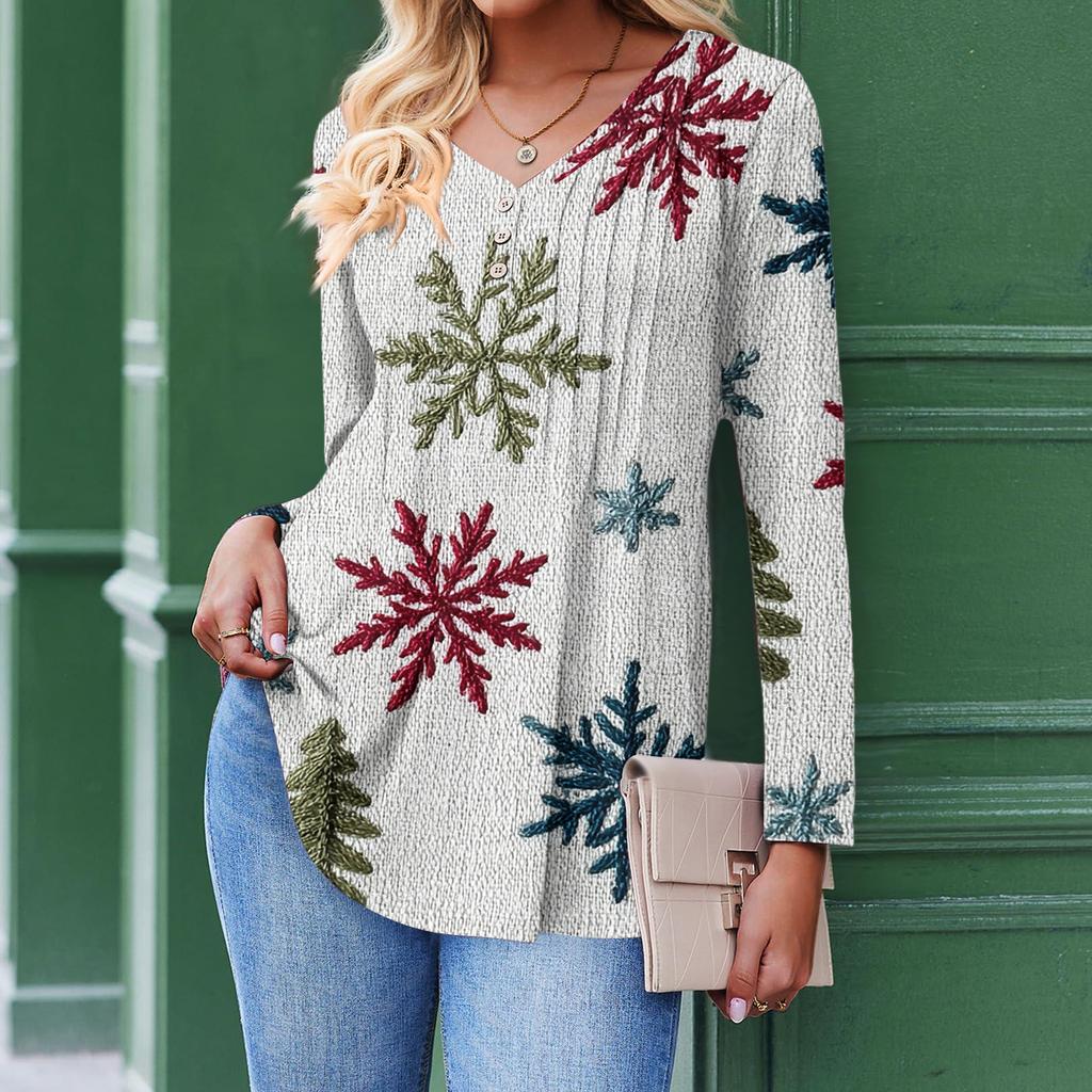 Women's Fashion Casual Christmas Tree Print V-Neck Decorative Button Long Sleeve T-Shirt Top