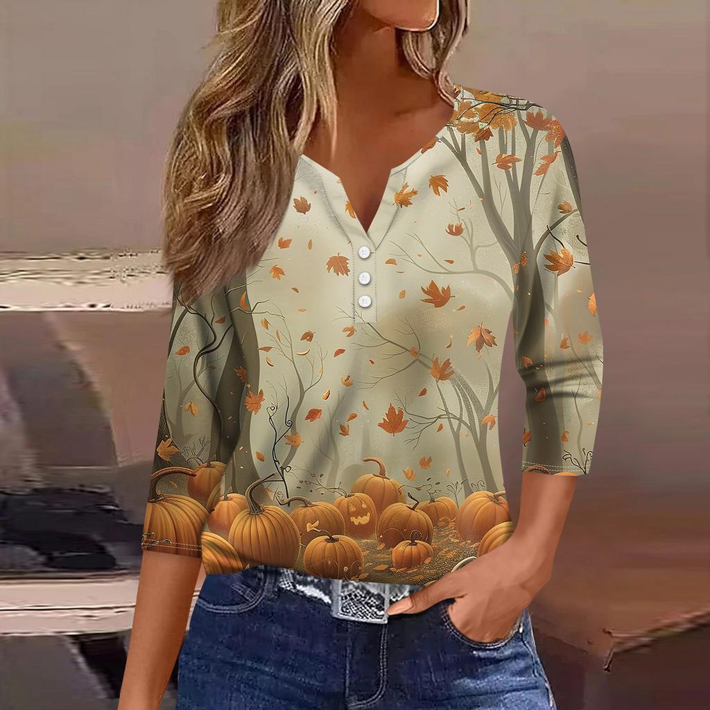Жен. Футболка Футболка С принтом Пуговицы Рукав 3/4 Повседневные Выходные Мода Классический V-образный вырез Обычный Топ