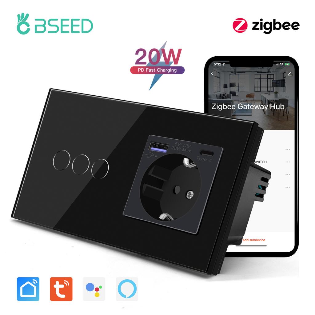 BSEED Zigbee 1/2/3-клавишные сенсорные выключатели света Управление через приложение Tuya Smart Life С USB-розетками Type-c 20 Вт Быстрая зарядка Стандарт ЕС