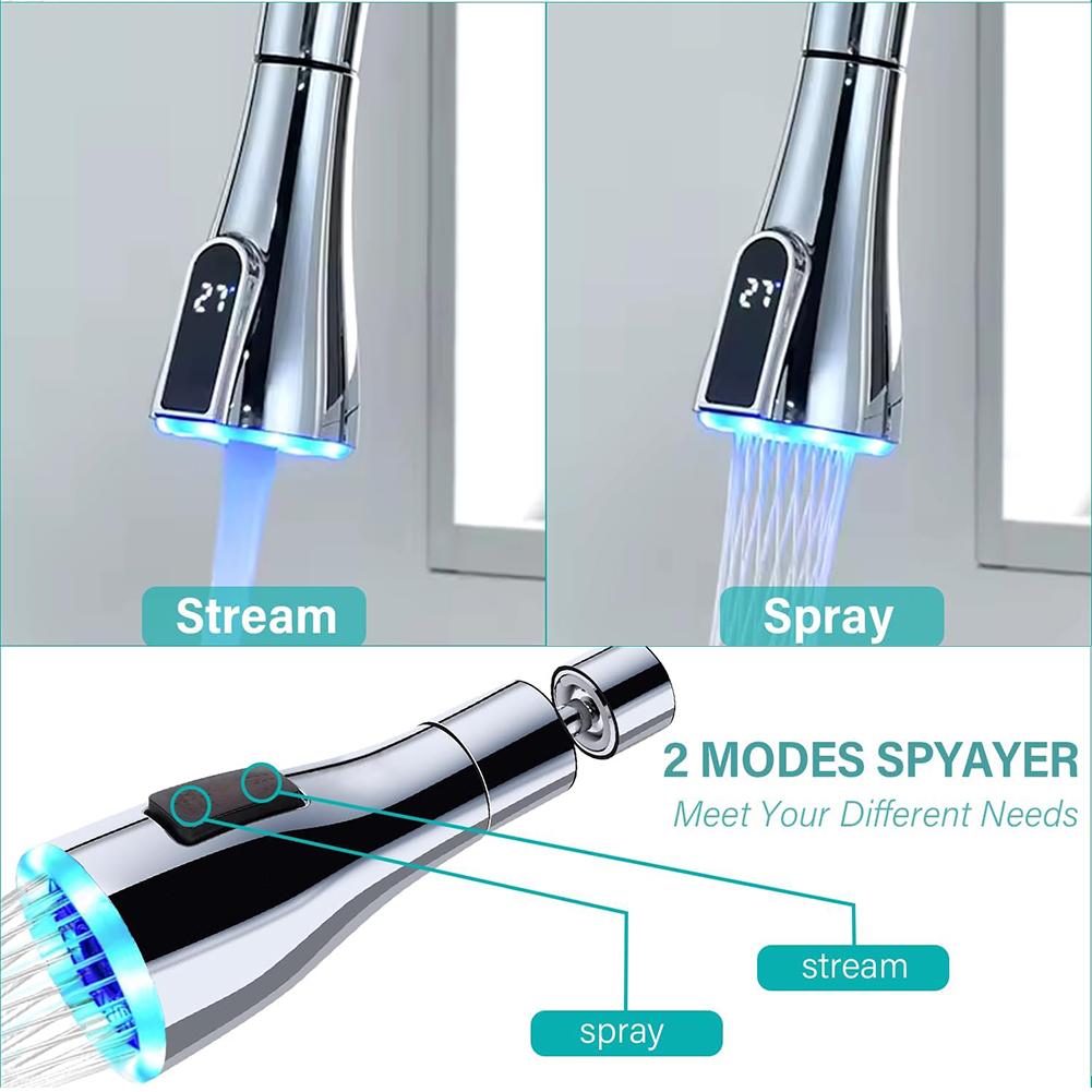 Выдвижной кухонный смеситель с изливом G12, со светодиодным цифровым дисплеем температуры и двумя режимами распыления для пузырькового и струйного потока воды