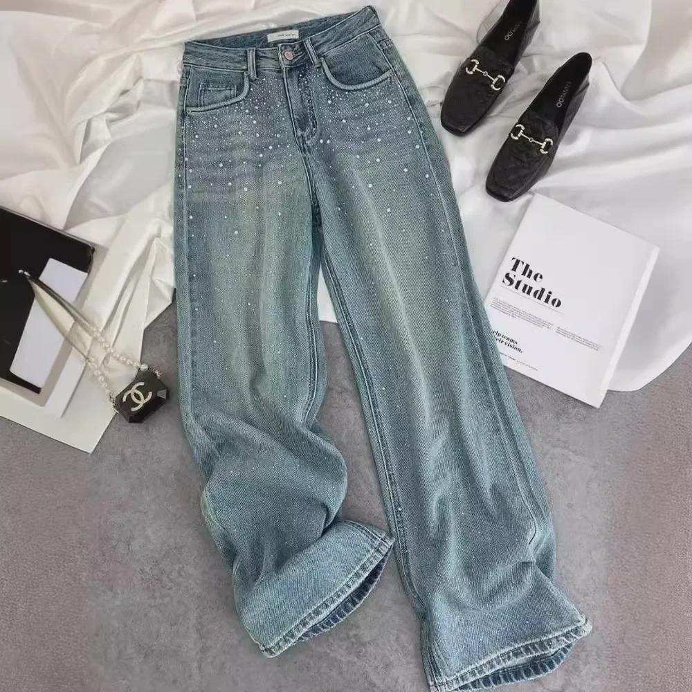 Starry Diamond High-Waist Slim Jeans for Women - New European Style, Loose Fit Trousers for Spring and Summer