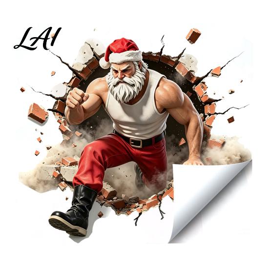 Seasonal Window Decorations Muscle Santa Claus Break Through Wall Christmas Decal 3D Cracked Brick Decals Self‑Adhesive Sticker Funny Mural