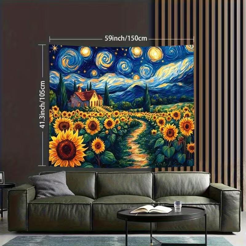 2D Van Gogh Inspired Starry Sky Sunflower Tapestry for Boho & Artistic Home Decoration