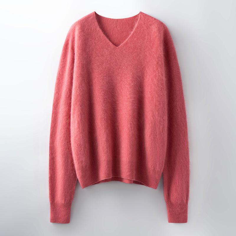 Women's Brushed Wool V-Neck Long-Sleeve Sweater: Autumn/Winter Loose Slimming Knitted Pullover Top