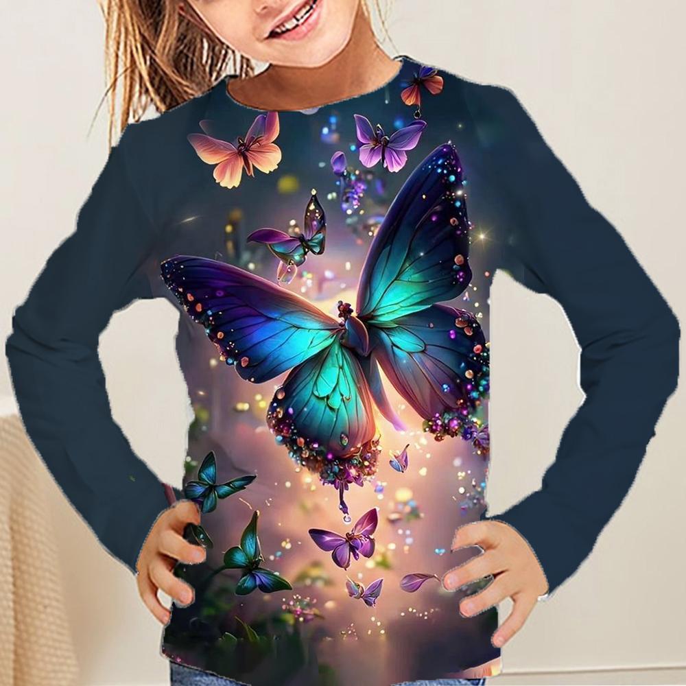 Spring and Autumn Round Neck Butterfly Pattern 3D Printed Top Fashionable Casual Long Sleeved Children's Girl T-shirts