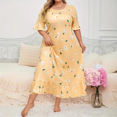 Женское платье больших размеров с короткими рукавами и круглым вырезом, элегантное свободное длинное платье с принтом