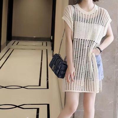 Новый летний ажурный вязаный кардиган: Женский модный топ/платье средней длины с разрезом сбоку