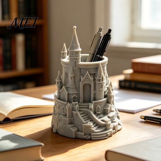 Unique Pen Stand Castle Shape Holder, 3D Printed Desk Organizer for Pens, Pencils, Magic Decor Makeup Brushes, Decorative Pencil Storage Cup