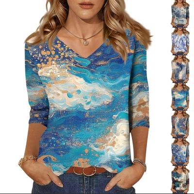 Женские топы Рубашка с рукавом три четверти V-образный вырез Свободная повседневная рубашка Футболка с принтом
