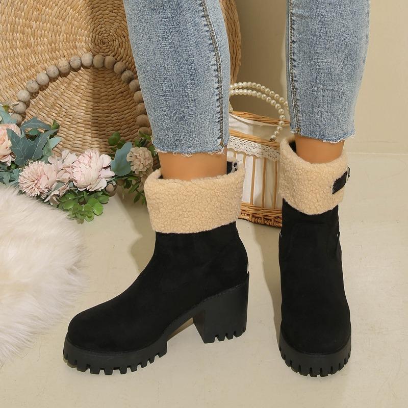 New Large-sized Women's Shoes with Belt Buckles, Thick Heels and Warm Flip-over Snow Boots