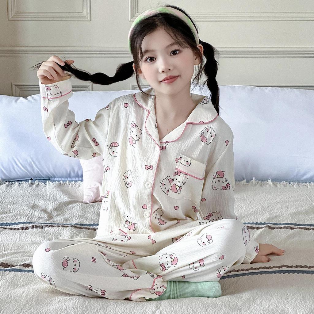 Girls' 2025 Autumn Cotton Pajama Set: Long Sleeve Homewear for Little & Big Girls
