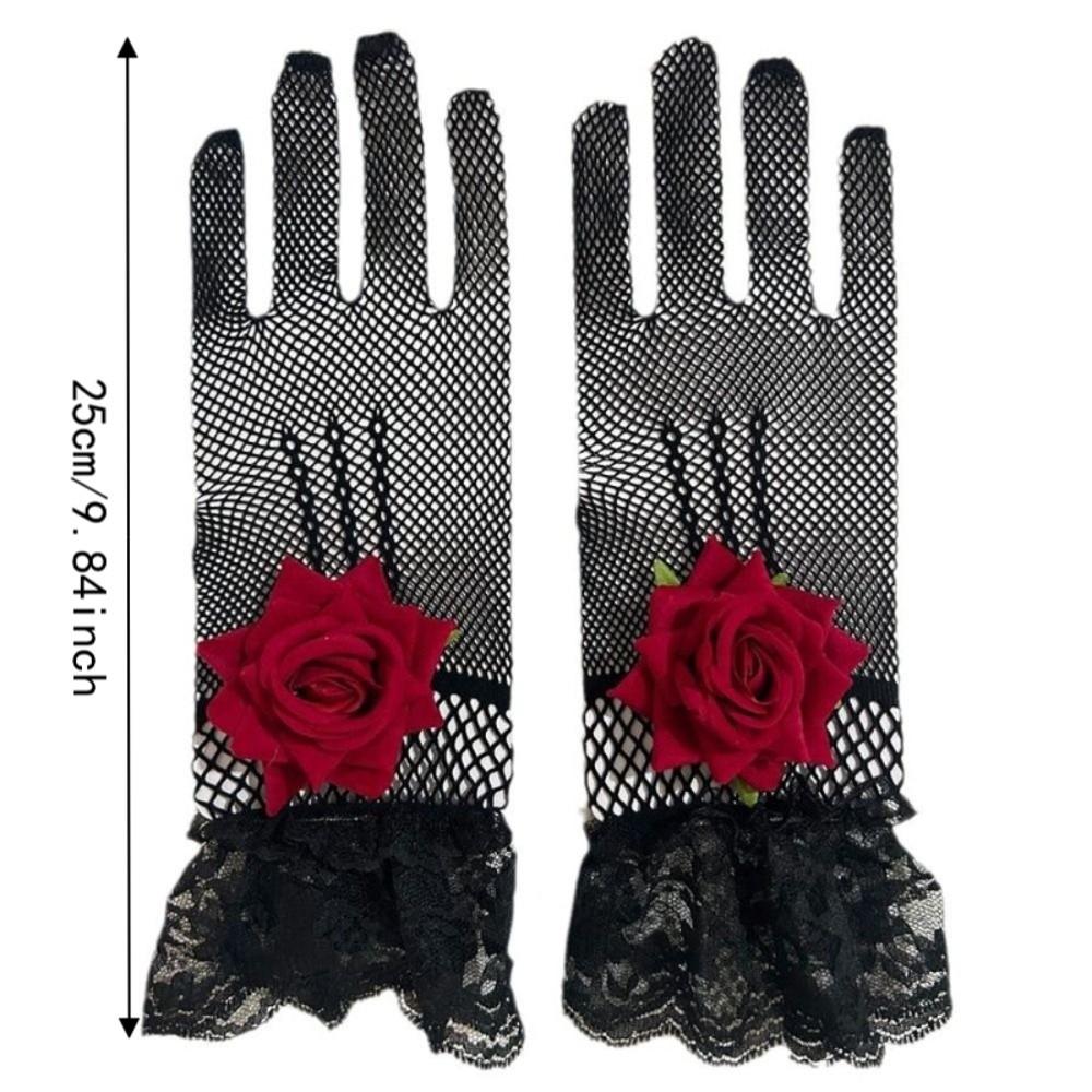 Rose Flower Fishnet Gloves Thin Mesh Mittens Unique Lace Gloves Party