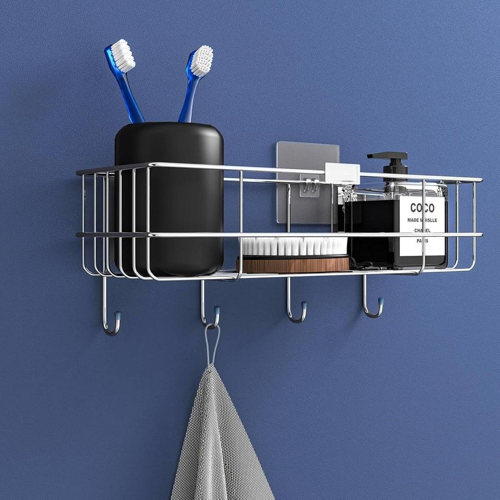 Stainless Steel Bathroom Shelf for Wall | Self Adhesive Bathroom Organiser | 4 Hooks for Towel Holder | Space-Saving Wall Mounted Bathroom Shelf