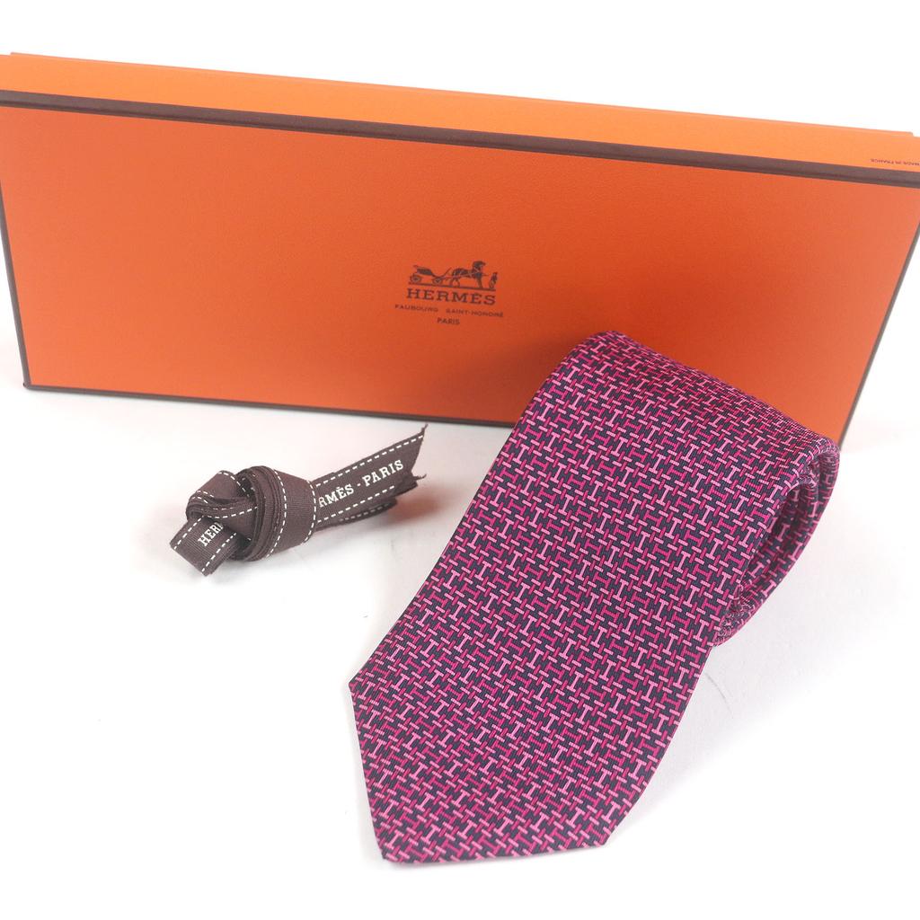 Отличный галстук HERMES с принтом логотипа H по всей поверхности, обычный галстук, темно-синий шелк, мужской 5647 EA Б/у