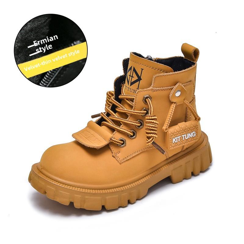 Осенне-зимние новые детские желтые ботинки, повседневные, с мягкой подошвой, нескользящие, бархатные, короткие ботинки для маленьких мальчиков
