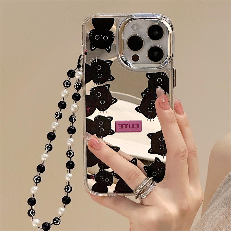 Cartoon Silicone iPhone 15 Pro Case with Mirror and Bracelet for Apple 12 and 14 Pro Max