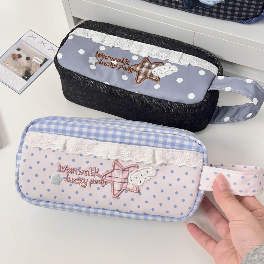 Lace Plaid Print Pen Bag With Handle Stationery Bag New Stationery Organizer Gift