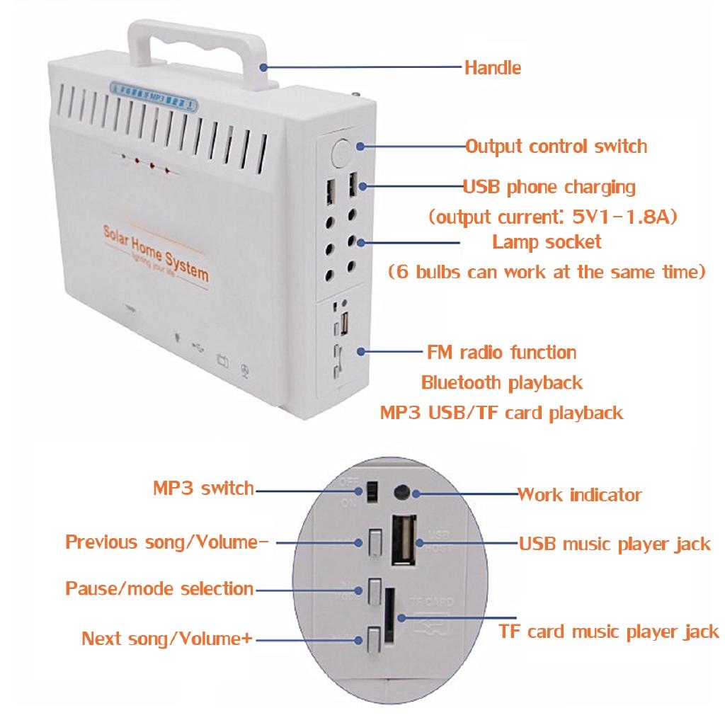 Солнечный генератор Портативный комплект Инвертор ИБП Источник питания Светодиодная лампа 2 USB-порта 10 Вт