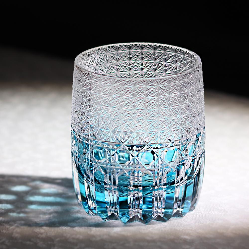 Sky Blue Hand-Carved Edo Kiriko Glass Cup 320ml New Style - Yu Lan (Jade Blue) Japanese Traditional Crystal Whiskey Glass