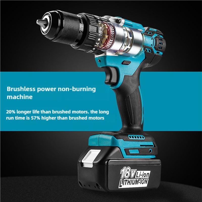 18 В 13 мм бесщеточная электрическая дрель, аккумуляторная ударная дрель, 130 Н/м, шуруповерт, дрель, может сверлить лед, электроинструмент с двумя батареями