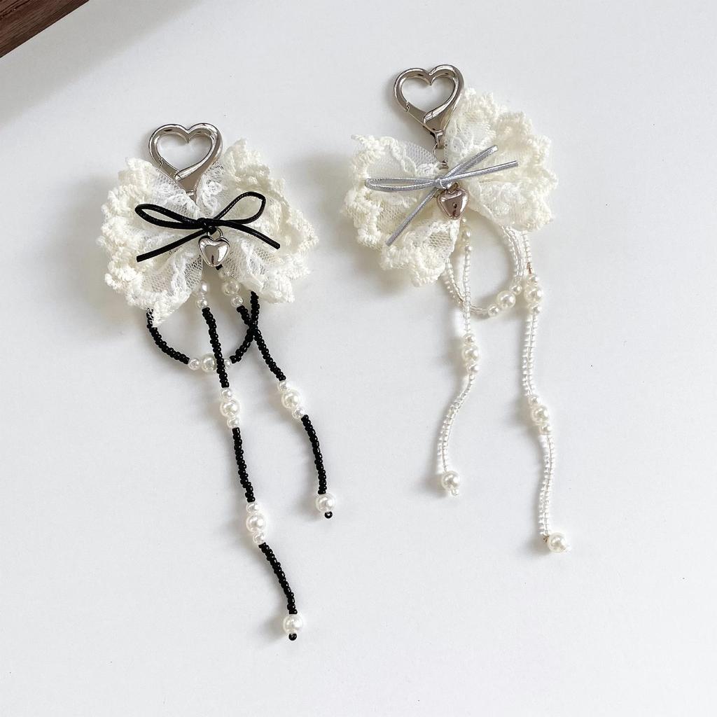 Elegant Pearls Lace Heart Keychain With Bowknot Charm And Tassels For Women Fashion Key HolderJewelry Gift