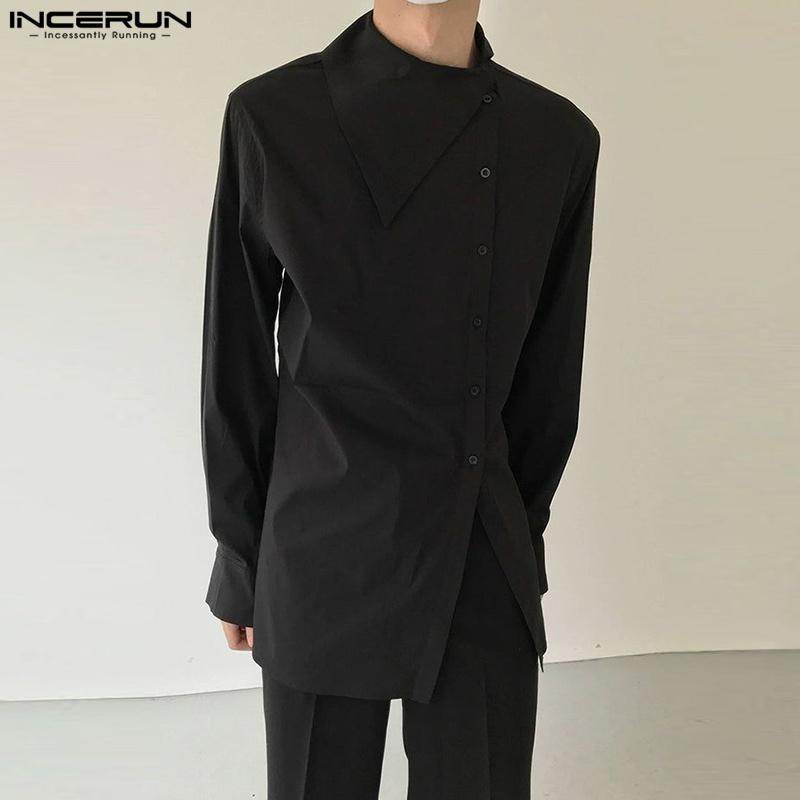 INCERUN Plus Size Men Irregular Neck Long Sleeve Oblique Buttons Splits Casual Shirts