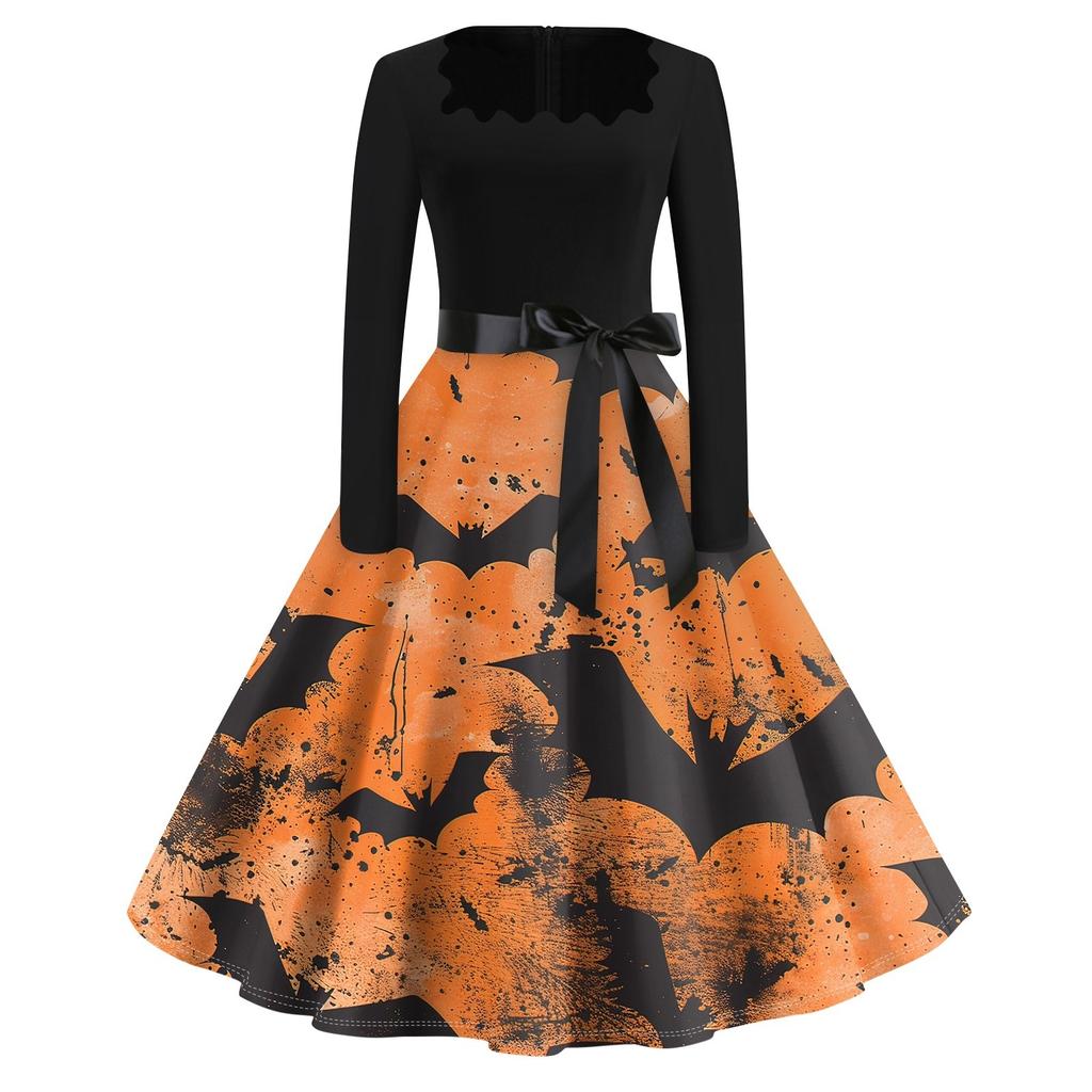 Платье с расклешенным принтом на Хэллоуин для женщин, платье с длинным рукавом, полые вечерние повседневные платья