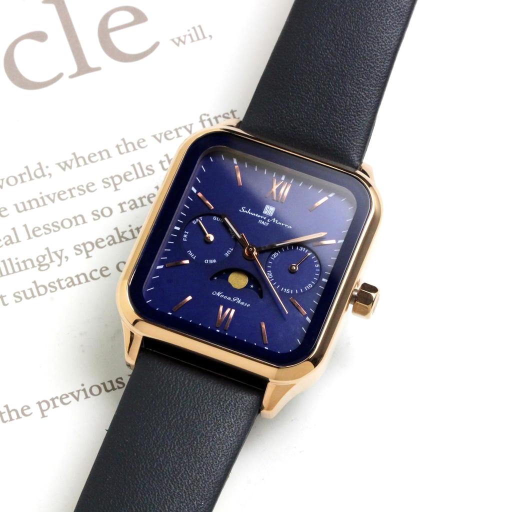 Фазы Луны Квадратные Квадратные Мульти Календарь Ежедневные Водонепроницаемые Деловые Формальные Кожаный Ремешок Ограниченная Модель Розовое Золото Синий [Salvatore Mara] Мужские