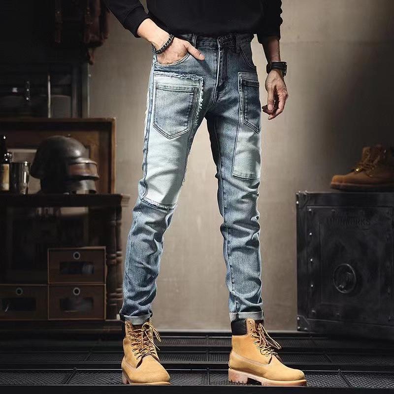 Мужские модные облегающие джинсы в стиле пэчворк с множеством карманов и контрастными цветными заплатками