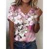 Summer V-neck 3D Flower Printed Top Fashionable Casual Short Sleeved Women's T-shirts