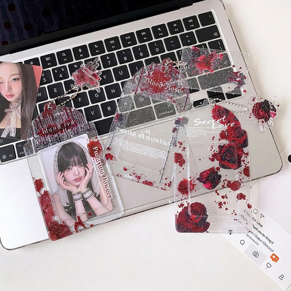 Держатель для фотокарточек Акриловый кейс Рамка для айдолов Кровавая роза Готический брелок Чехол Защита для девочек Прозрачная Звездочет Офисный подарок