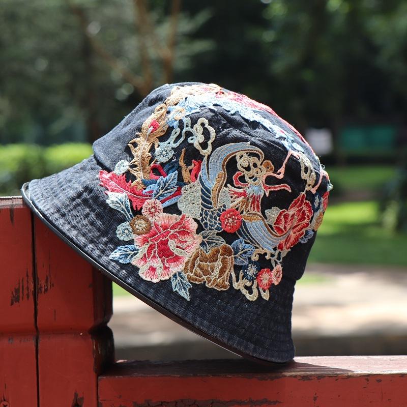 Весенняя, летняя и осенняя женская модная шляпа-ведро в этническом стиле с вышивкой из денима для улицы, защищающая от солнца, для путешествий и улиц