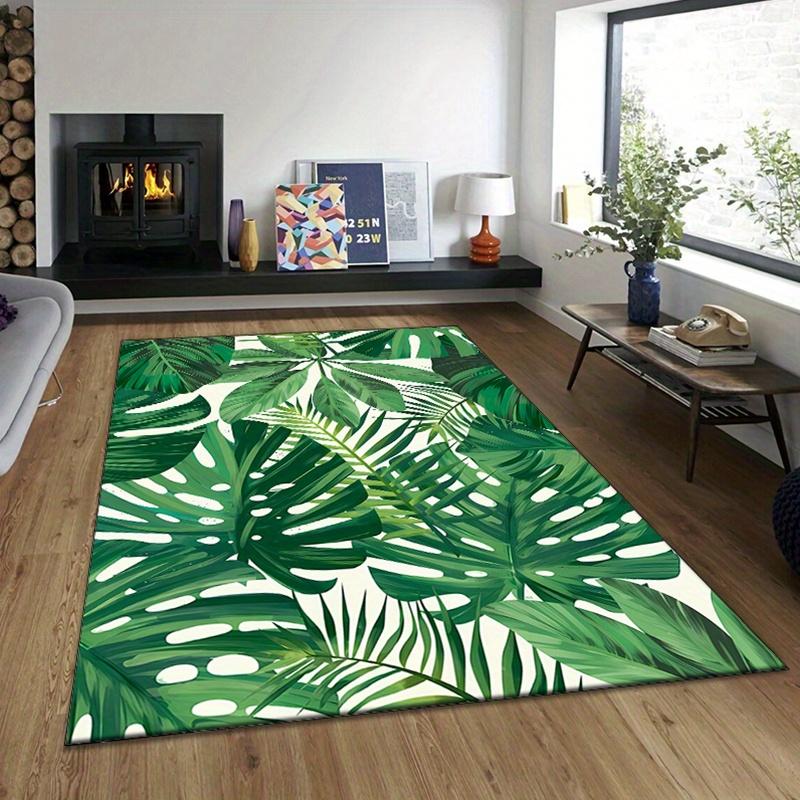 Tropical Leaf Area Rug, Crystal Velvet, Non Slip Mat, Green White Design, Perfect for Bedroom Living Room Office Decor