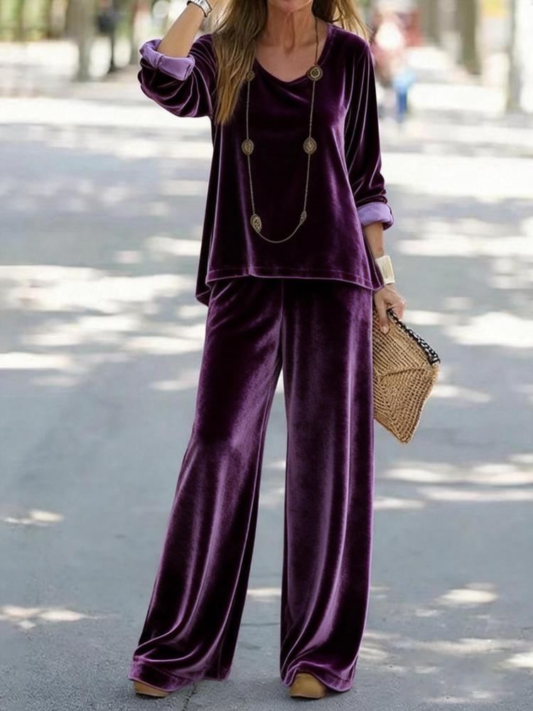2025 foreign trade cross-border new women's clothing, casual V-neck pullover, long sleeves and trousers, velvet multi-color women's suit